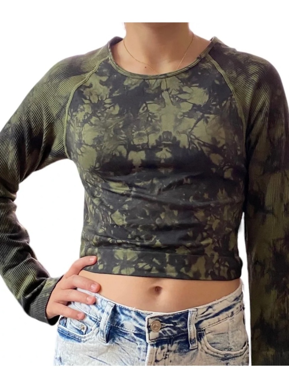 PINK Active Ribbed Crop Top Juniors Small Green Camo Tie Dye Yoga